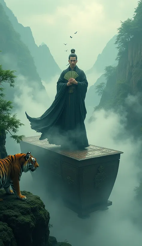 A handsome man with elegant manners，A handsome face， Strange Chinese Spring and Autumn Warring States period costume，Fighting on top of an ancient and mysterious coffin，Holding a palm leaf fan，Cool and handsome selfishness，There is a tiger standing on the ...