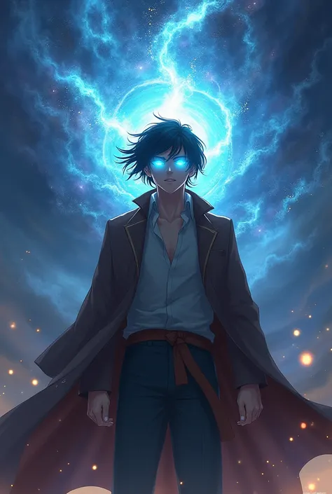 Young man with grown black hair wore long brown coat with glowing blue eyes looking up and absorbing great cosmic power.
Look like epic game poster 