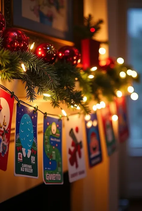 Create an image of a festive Christmas garland that combines colorful video game posters with traditional holiday decorations. The garland should be a beautiful mix of elements, featuring mini posters of iconic video games, pixel art characters, and gaming...