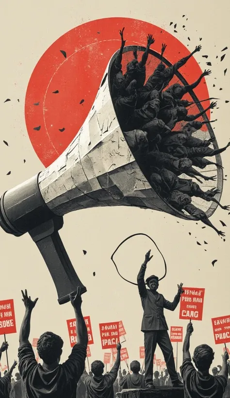 "Design an origami-style image of a large megaphone emitting waves of paper propaganda, transforming into menacing shadow figures. The background shows a crowd holding banners with distorted slogans."

