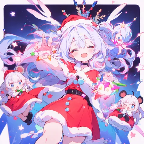 6+  girl, Multicolored Hair,  Idol Group, Random Cute Faces,  Santa Claus Dress、 Christmas、🎄、 Christmasリース、 Very happy smile,  Open Mouse,  eyes closed ,  group shot , Zoom Camera,  peace sign, Happy Ending,  starry sky 、(( pretty face、Baby Face、 Dynamic B...