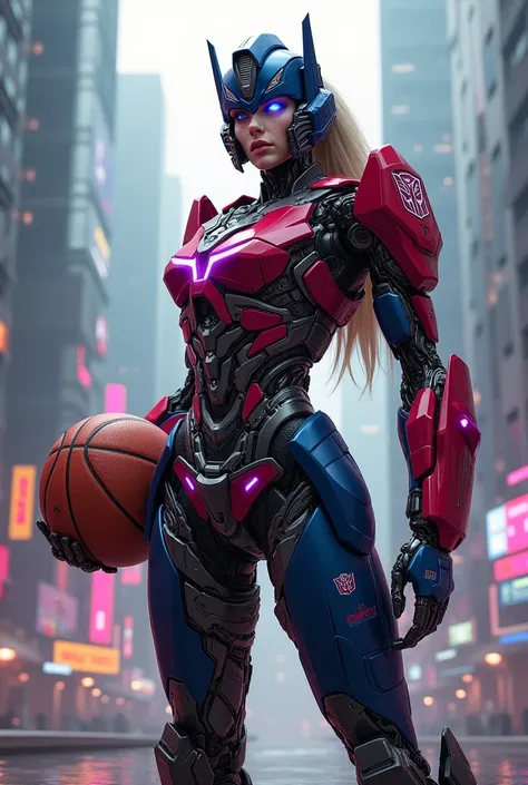 Optimus Prime as a girl holding a basketball 