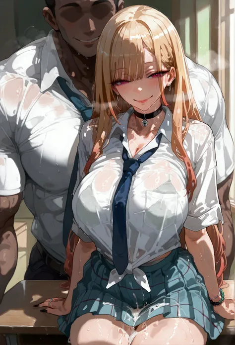 Mamimi style, digital painting, Marin Kitagawa, groped by faceless male, blonde hair, dark pink eyes, MarinCasual, MarinSchool, bead bracelet, black choker, neck bell, ring, collared shirt, white shirt, short sleeves, blue necktie, plaid skirt, blue skirt,...