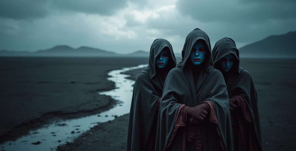 A barren, ash-covered desert stretches as far as the eye can see. In the foreground, several QUALCON women huddle together with blue skin and bright red sclerae, pulling their hoods tighter against the wind. Their worn capes flutter, blending into the deso...