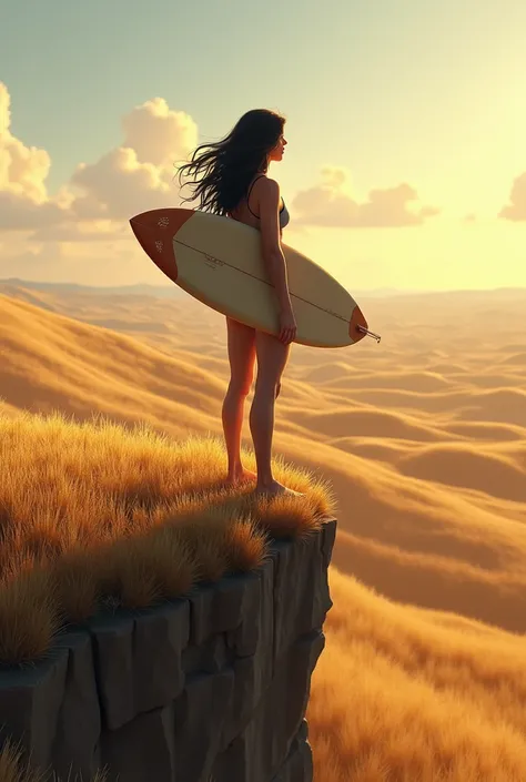  Dark-haired woman, wheat teas, high, with surfboard 