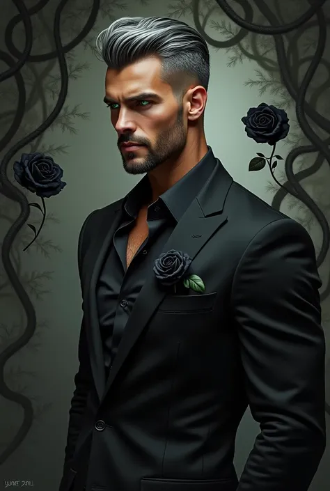 male Men beard , Silverjow style, short hair, With Black suit, undercut hair,Pecs , latin skin, Green eyes. profile with black rose, ramos de rosas como cobras por toda a extensão do cenário 