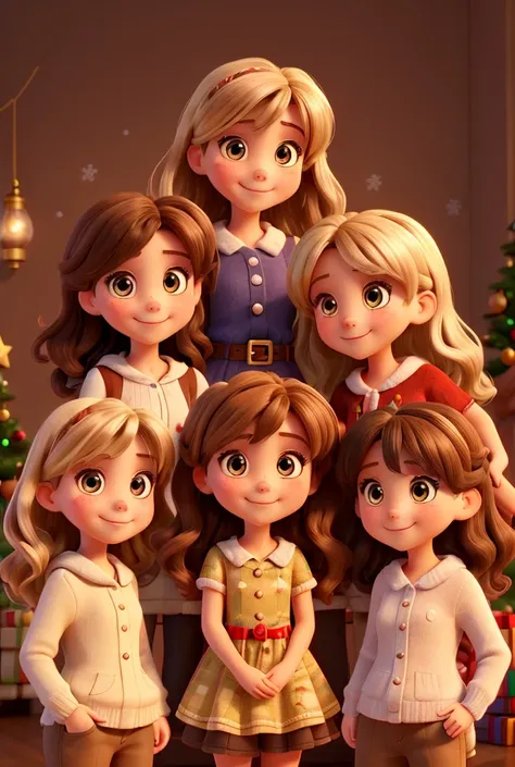 3 girls, smile, Brown eyes, Blonde and brown hair, Christmas background, 