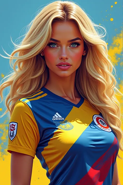  Create an image drawing of the model Suzy Cortez with blond hair, blue eyes and wearing the Club América de México jersey  