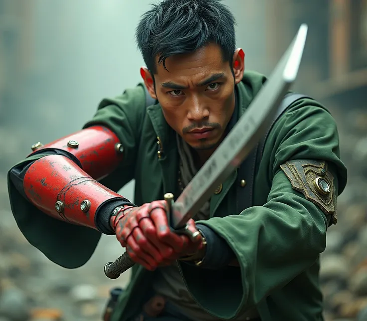  A man of Vietnamese descent has only one futuristic robotic left arm in the color red,  while the normal right arm wears classic Pirate Weapons Master clothing in the color green  , And he has a sword 