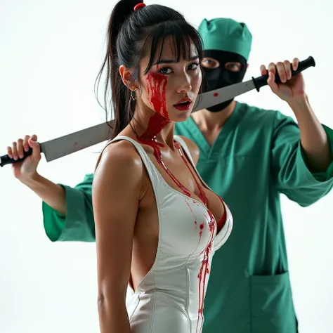 Gorgeous asian woman, huge breasts, white & red leather sexy nurse outfit, cleavage showing, ponytail, hoop earrings, nipples hard, surprised look, mouth open, neck/chest/arm tattoos screaming, crying eyes wide, close up of breasts, male in green medical s...