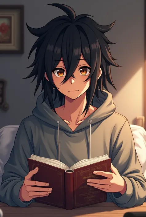 Black haired dreads brown eye anime black boy wearing a hoodie reading manga