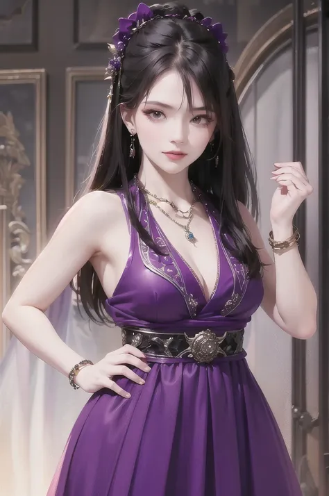 best quality, masterpiece, highres, official art, extremely detailed cg unity 8k wallpaper, 1girl, long hair, jewelry, hair ornament, realistic, shes wearing a beautiful dress in purple color, (((purple top and purple dress))), (((dark purple))), necklace,...