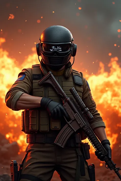 Pubg fighter handle a gun and behind of it fire he wears military and black helmet with a digital gun 