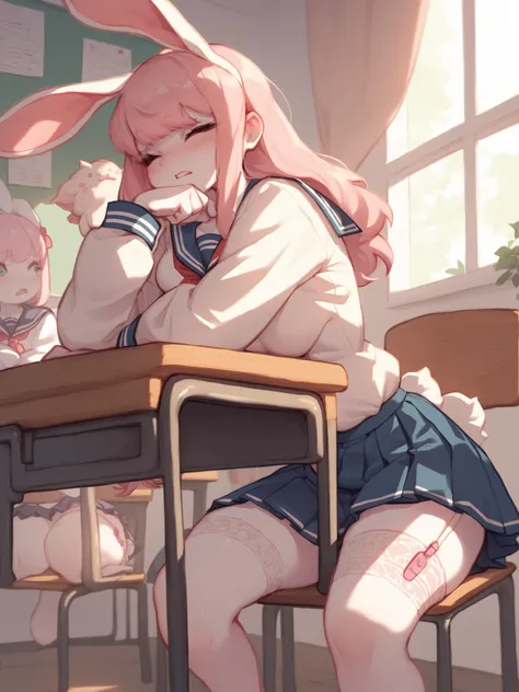 Cumdale Sikorsky , Russian female bunny , white skin , silky school uniform , (middle skirt) , 1 Garter Ring , on the class room , Inner thighs , (pink vibrator:0.7) , During class , sit on chair