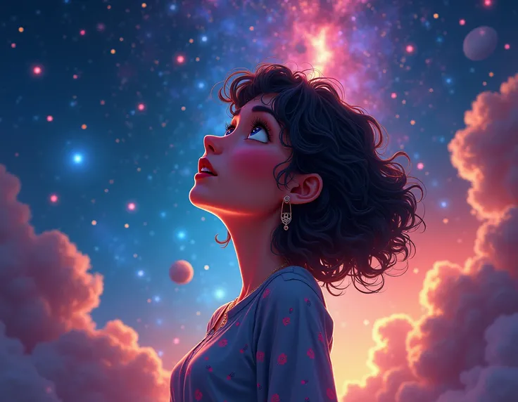  animated woman who likes the universe, with universe background 