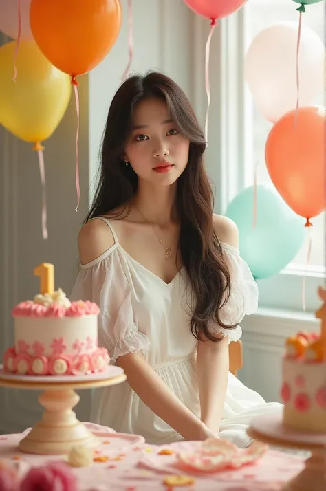 Full body photo of beautiful Korean girl wearing white dress sitting in birthday atmosphere there are cakes and balloons