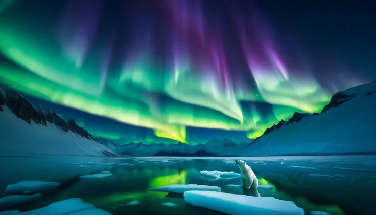  super high definition , high definition, High Quality ,Spectacular views, Imagine the amazing sight of auroras dancing through the night sky 。 over a vast glacier 、Bright green、Strong purple 、 bright blue spreads 。 BREAK The glacier extends to the horizon...