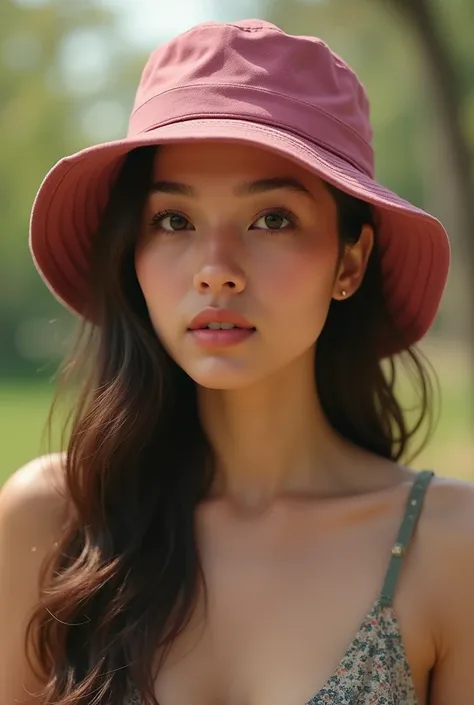 realistic image of a woman wearing a dark pink bucket hat with a dark yellow flap and brim facing front, nice blurry outdoor background