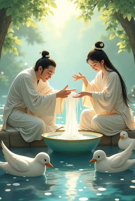 , draw a scene where Mong Dong is helped by Kong Ju (Its human)Draw a scene where a basin is filled and silk is squeezed out; draw a bird that fills a basin of water and a bird that helps with silk