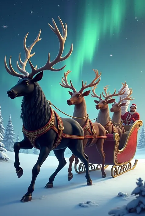  designs a Santa sleigh driven by a black-haired reindeer with silver horns, And 5 brown reindeer 