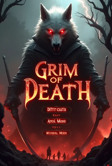  A stylized video game start menu inspired by the game God of Death. The design features text in the center with, imposing letters in a dark, gothic style, wrapped in red hues, negro, and orange, evoking an atmosphere of destruction and death. The menu foc...