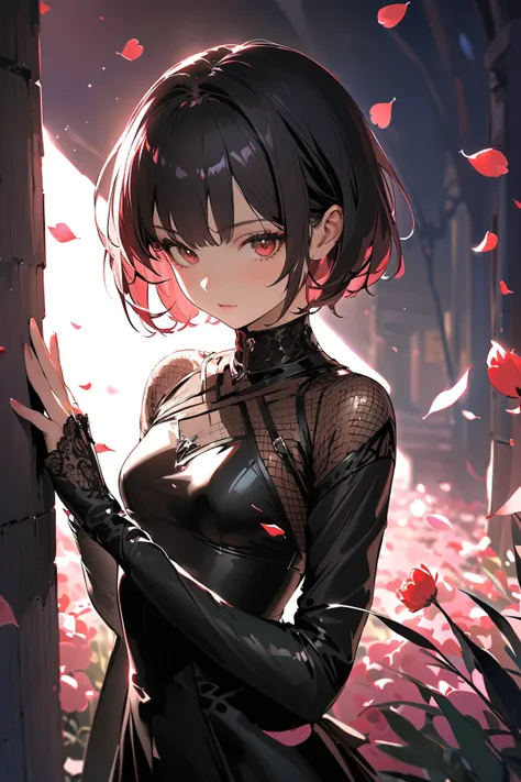 1 girl, (mysterious face), young adult, Pixie cut, (dressed in a stealthy rogue outfit with dark colors), small breasts, slender, (holding daggers in both hands),  
BREAK  
pathway scattered with flower petals, dimly lit by moonlight, (glancing around caut...