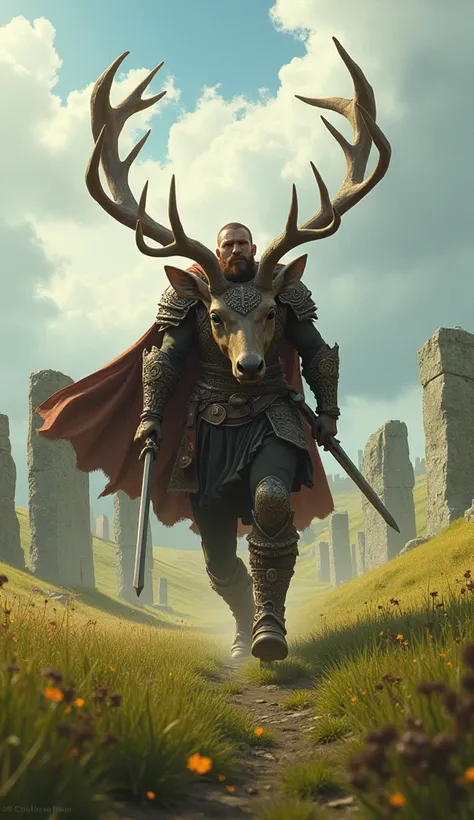 Celtic Warrior with a Giant Stag Stomping Through Fields
A Celtic warrior aggressively marches forward, his enormous stag lowering its glowing antlers and charging. Each of the stag’s steps flattens the grassy field, and its primal bellows send shockwaves ...