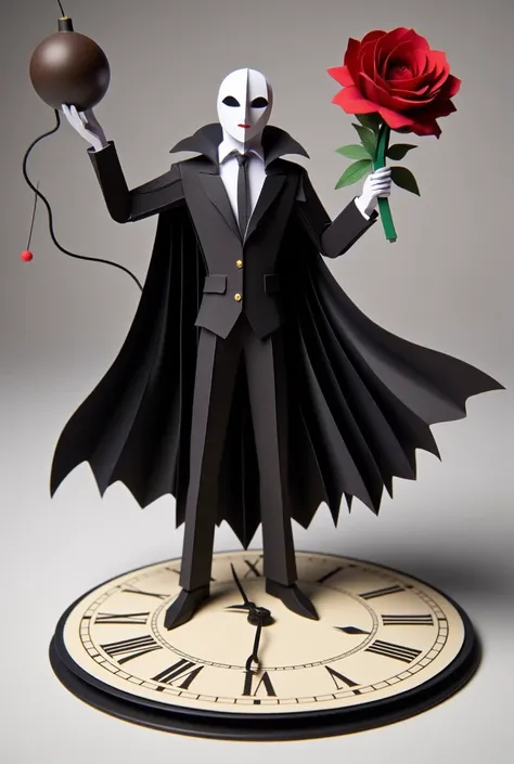 "Create an origami-style figure of a masked man in a flowing black cape (V) holding a rose in one hand and a bomb in the other. He stands gracefully on a broken clock face symbolizing chaos and elegance."

