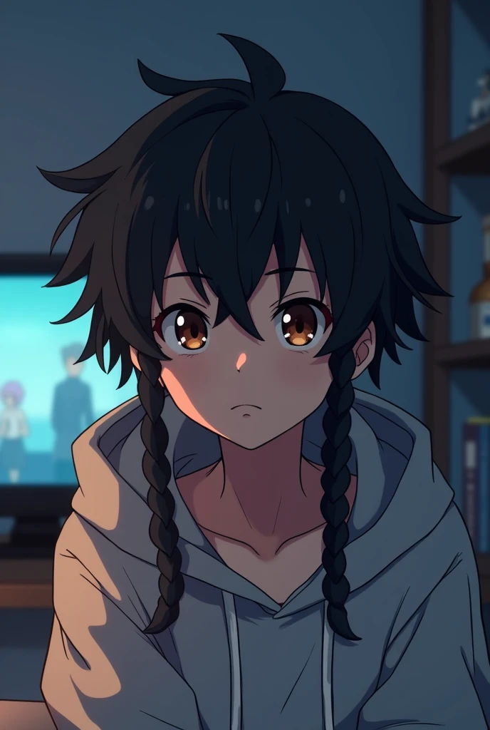 Black haired, dreads, brown eye, black anime boy wearing a hoodie watching anime