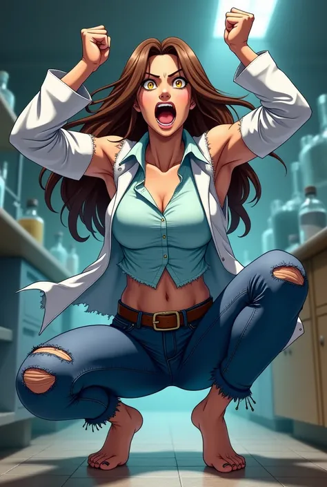 Dynamic anime-style art image of a wild and highly muscular scientific beast , Dr..  Jennifer Marie Evans ,  with long brown hair flowing wildly , Illuminated yellow eyes,  fair skin and black nails . He wears a torn lab coat on his forearms, which are hal...