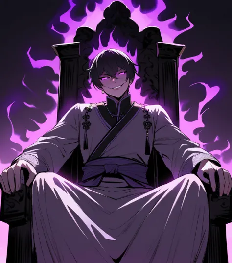 high quality, masterpiece,detailed, gu changge, chinese clothes, hanfu male, menacing evil smile, sitting on throne, dynamic lighting, dark lighting, (purple glowing eyes:1.1), from front, from below with aura surrounding it