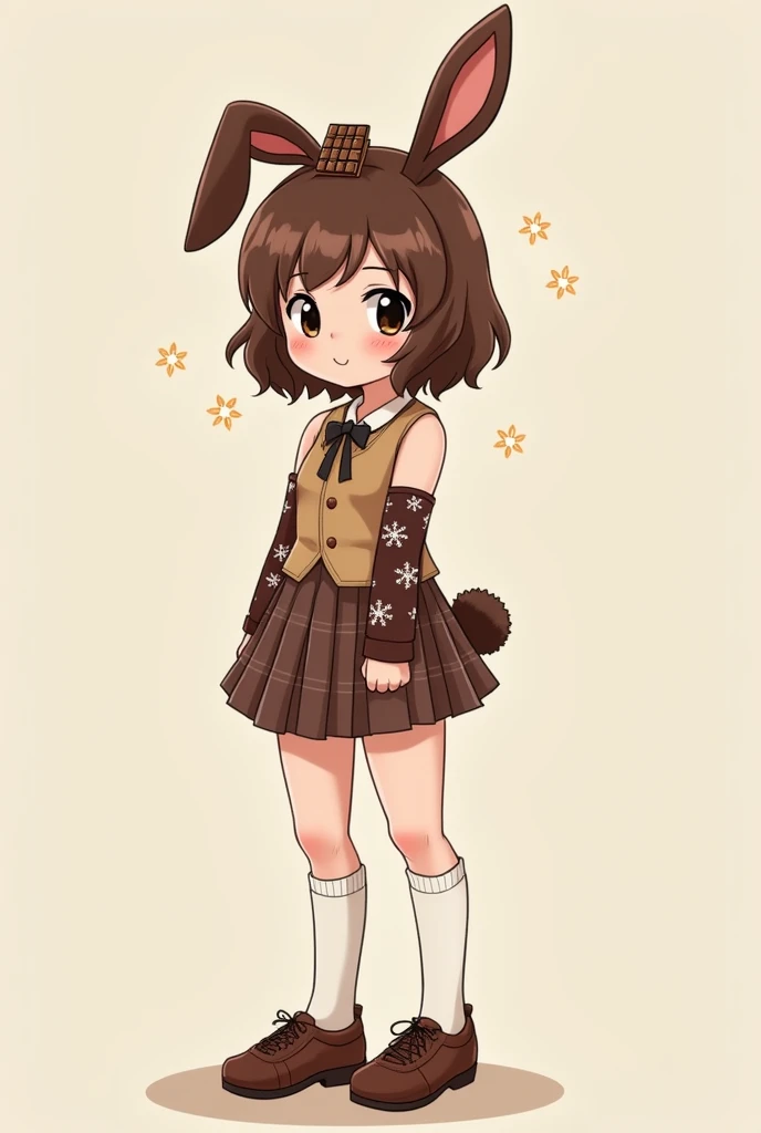  Teenage girl with brown rabbit ears and tail,  brown wavy hair ,  with miniature chocolate bar on her head ,brown plaid sleeveless top shirt , coffee skirt , brown arm warmers with snowflakes ,  white leg warmers and brown school shoes