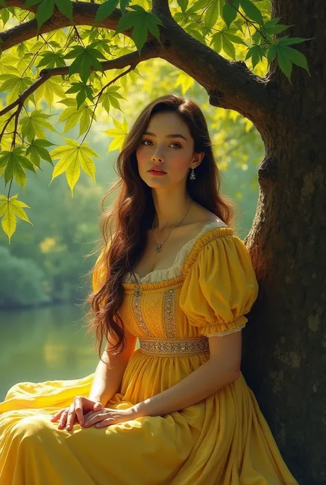 Painting of a woman sitting under a maple tree
- very long brown hair 
- white eyes
- Wearing a 19th century yellow dress with jewels