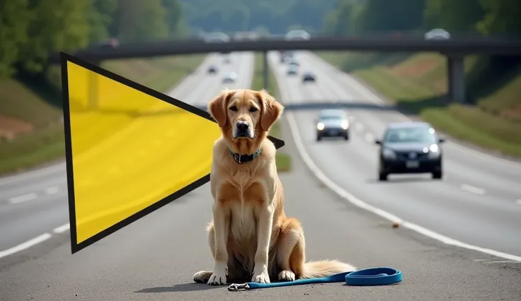 Image is a digitally edited photograph featuring a golden retriever sitting on the side of a multi-lane highway. The dog has a light golden coat and is sitting calmly with a blue leash lying on the ground beside it. The highway is depicted with clear lanes...