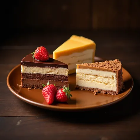 Create three slices each of Strawberry Chocolate Strawberry, Butterscotch Cream, and Coffee Hazelnut. The presentation emphasizes indulgent textures and harmonious flavors, crafted with meticulous attention to detail. The arrangement exudes warmth and eleg...