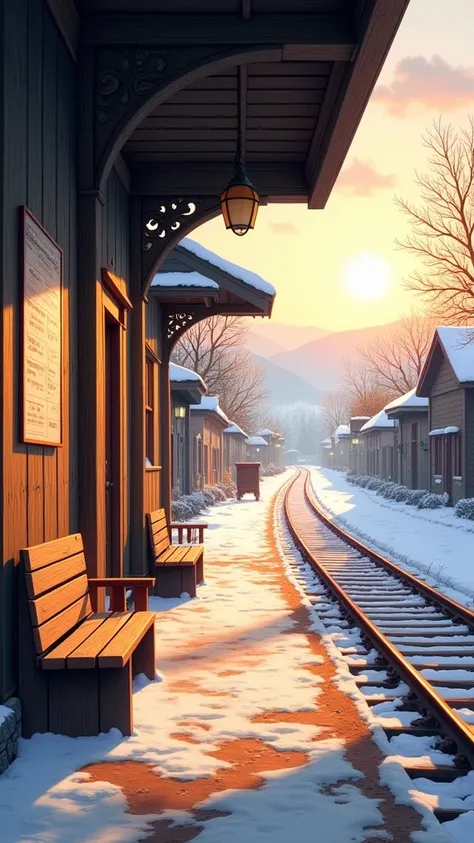 “A beautifully detailed, high-quality illustration of a small, nostalgic countryside train station during winter. The station features a wooden platform, aged benches, and an old hand-written timetable hanging on the wall, evoking a vintage charm. The atmo...