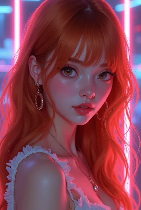 *[Digital painting style] + [female character, long ginger hair with a bang, almond and light brown eyes] + [big lips and freckles] + [sweet, innocent face] + [neon led orange, 2000s style aesthetics]