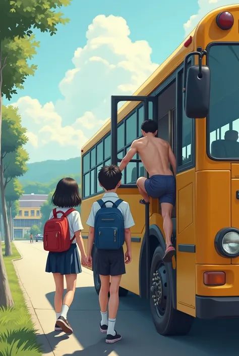 South Korea, one three siblings, a girl and a boy in elementary school, the youngest boy and the girl are boarding the bus to school fully uniformed and more generalized with real people, but behind her is her older brother, a male Korean high school stude...