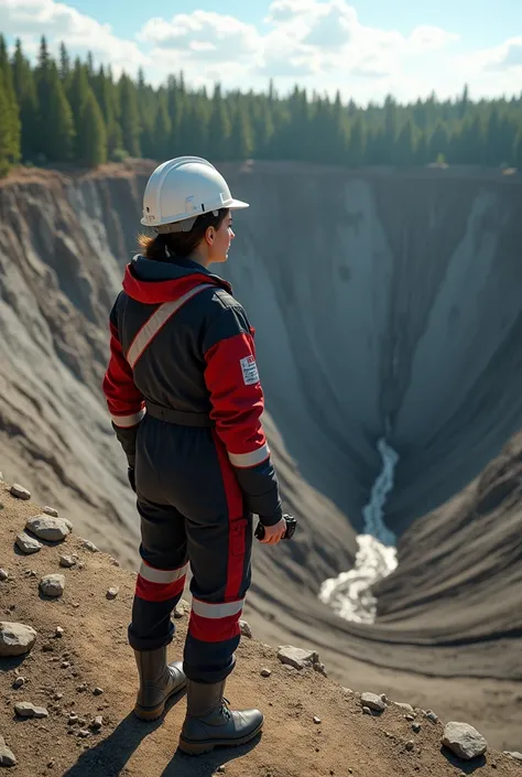  A girl works in diamond mining.  Mining Engineer .  Drilling and blasting . Walkie-talkie. White helmet .  Black and red robe .  Deep quarry in Yakutia .  Around the taiga . summer.  The sun is bright . A girl is on the edge of a career.  Round quarry , s...