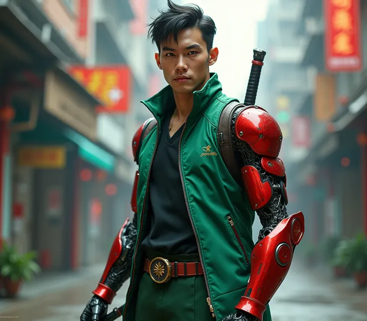  A man of Vietnamese descent has only one futuristic robotic left arm in the color red, While the normal right arm wears rascal clothes in the color green , And he has a sword 