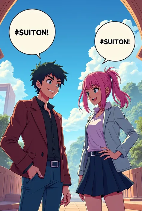 (Anime-style:1.3), a confident male and female anime character, excited expressions, standing in a bright, vibrant setting, speech bubbles showing their conversation about $SUITON token, playful and energetic vibe, bright colors, sharp details, futuristic ...