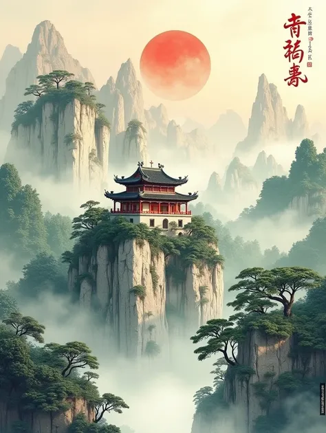 This Chinese-style landscape painting，With its unique charm and rich details，It attracts peoples attention。Center of screen，A classical building stands majestically，The multi-layered eaves of the roof are exquisitely decorated，The flying eaves and ridge be...