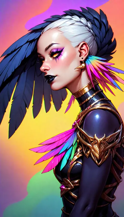 Seductive creature. Harpy Girl. Dark Makeup, Dark Lipstick. Black skin, Gills on Neck, Colorful Feathers. unhealthy appearance. dnd character.  dnd. Avian Armor, Harpy Armor. Eagle Legs. 