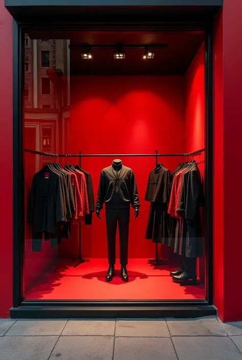 Create a strip of a clothing store with a window and walls in red and black 