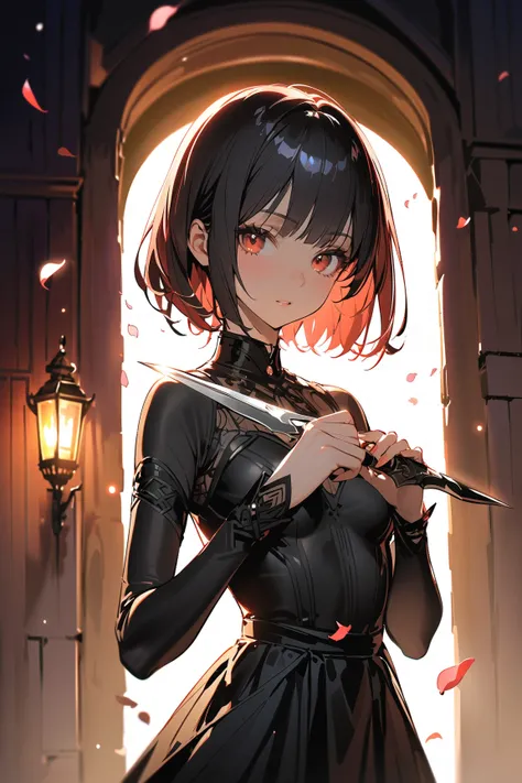 1 girl, (mysterious face), young adult, Pixie cut, (dressed in a stealthy rogue outfit with dark colors), small breasts, slender, (holding daggers in both hands),  
BREAK  
pathway scattered with flower petals, dimly lit by moonlight, (glancing around caut...