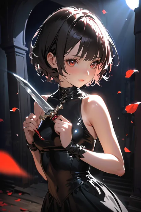 1 girl, (mysterious face), young adult, Pixie cut, (dressed in a stealthy rogue outfit with dark colors), small breasts, slender, (holding daggers in both hands),  
BREAK  
pathway scattered with flower petals, dimly lit by moonlight, (glancing around caut...