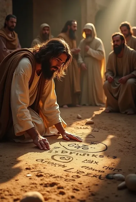 Jesus writing various sins with the dust on the ground and highlighting the words "café", "drinks" , "drugs", "lies", some people around you looking at , all wearing typical costumes from biblical times ,  Super realistic image , 8k ultra, many lighting de...