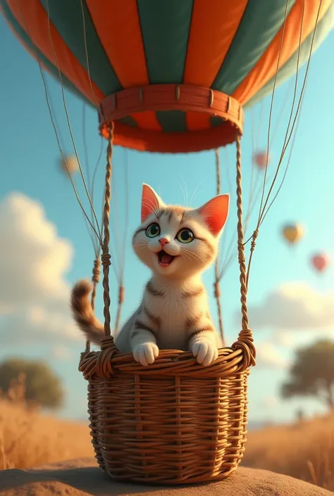 But suddenly—POP! The balloon tied to the basket tugged upward.
Prompt: "A basket with a surprised-looking cat inside begins to lift off the ground, tied to a large, colorful balloon. The balloon’s string is taut as the wind pulls it up. The cat looks star...