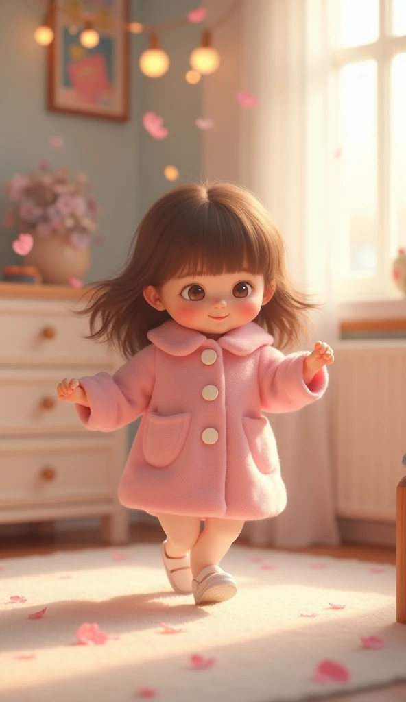  baby dancing in a pale pink coat　Kawaii Room 　 blur the background　Beautiful brown hair 　 long hair　