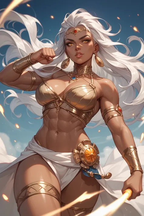 Create a very beautiful dark-skinned woman, with long silver hair and completely amber eyes.  She has to be as muscular as possible ,  as if she had spent her entire life fighting and throwing punches,  but she cant overcome feminine biology .